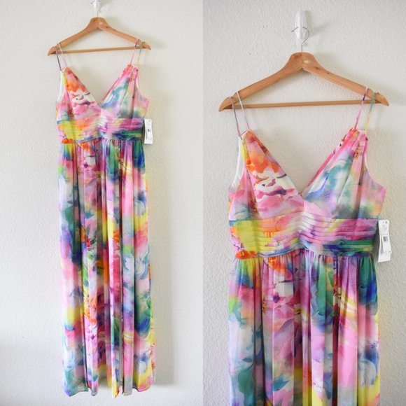 Aidan Mattox V Neck Printed Chiffon Maxi Dress - Picture 1 of 13